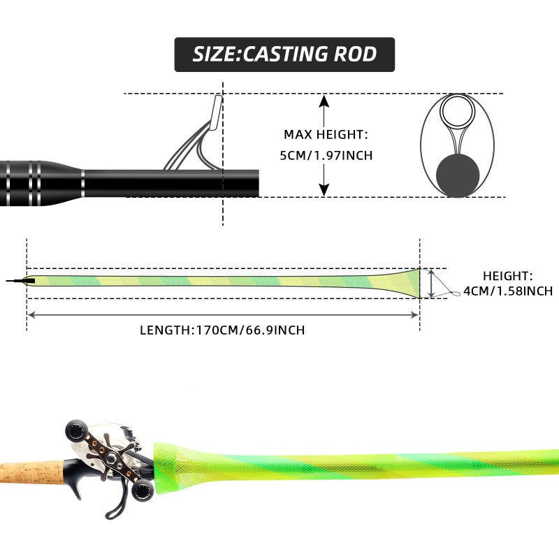 SF Standard Baitcaster Casting Fishing Rod Sock - Green-Gold-2PCS Fit Casting Rod 6-1/2FT to 7-1/2FT - Image 2
